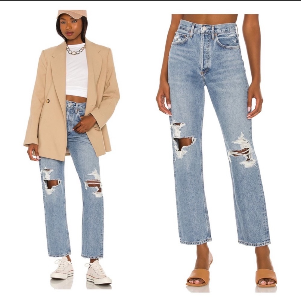 AGOLDE 90s Mid Rise Loose Distressed Straight Leg Blue Jeans in Wander Size 26